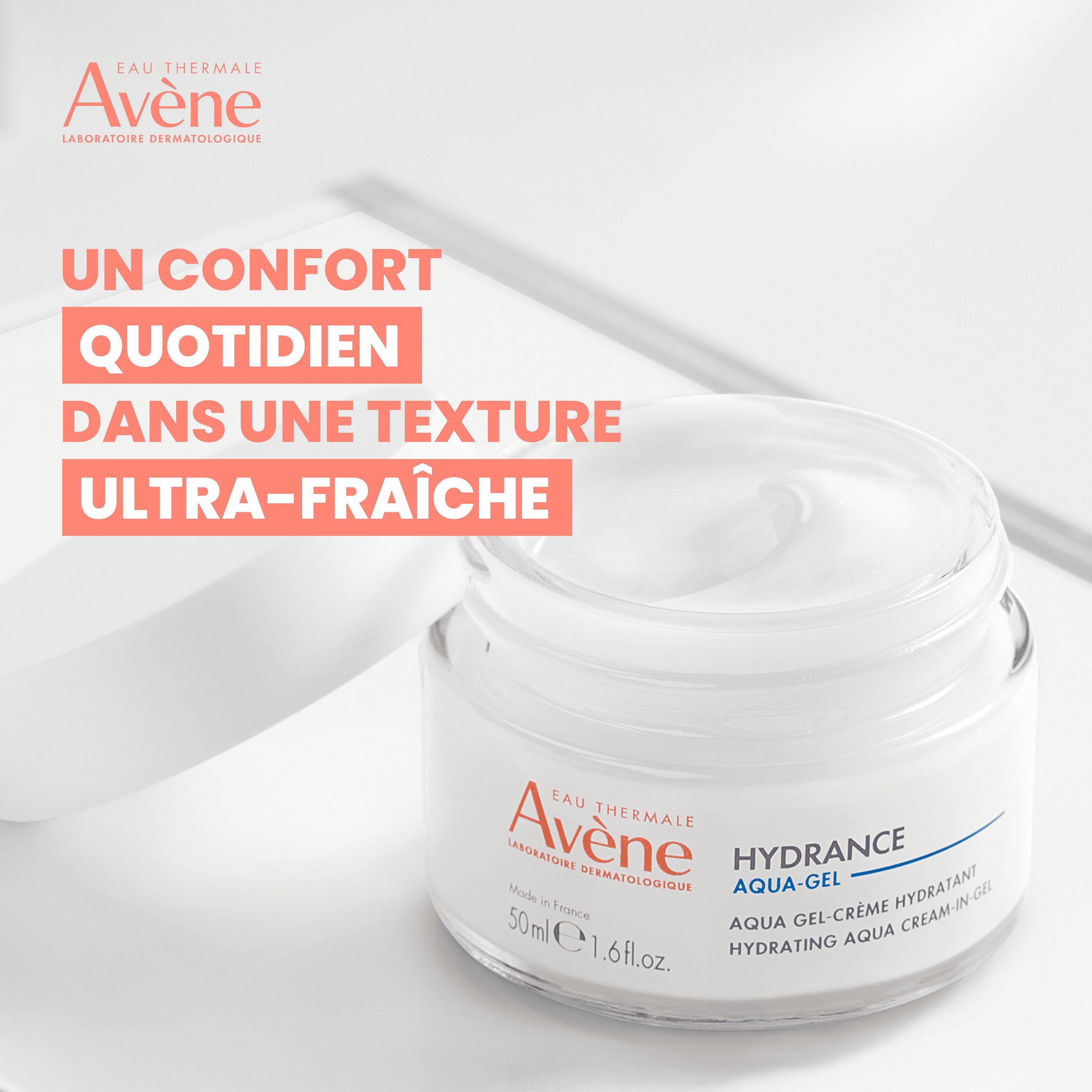 Pot de crème avec couvercle blanc. Inscription: Avène, Hydrance Aqua-Gel. 50ml, 1.6 fl.oz.