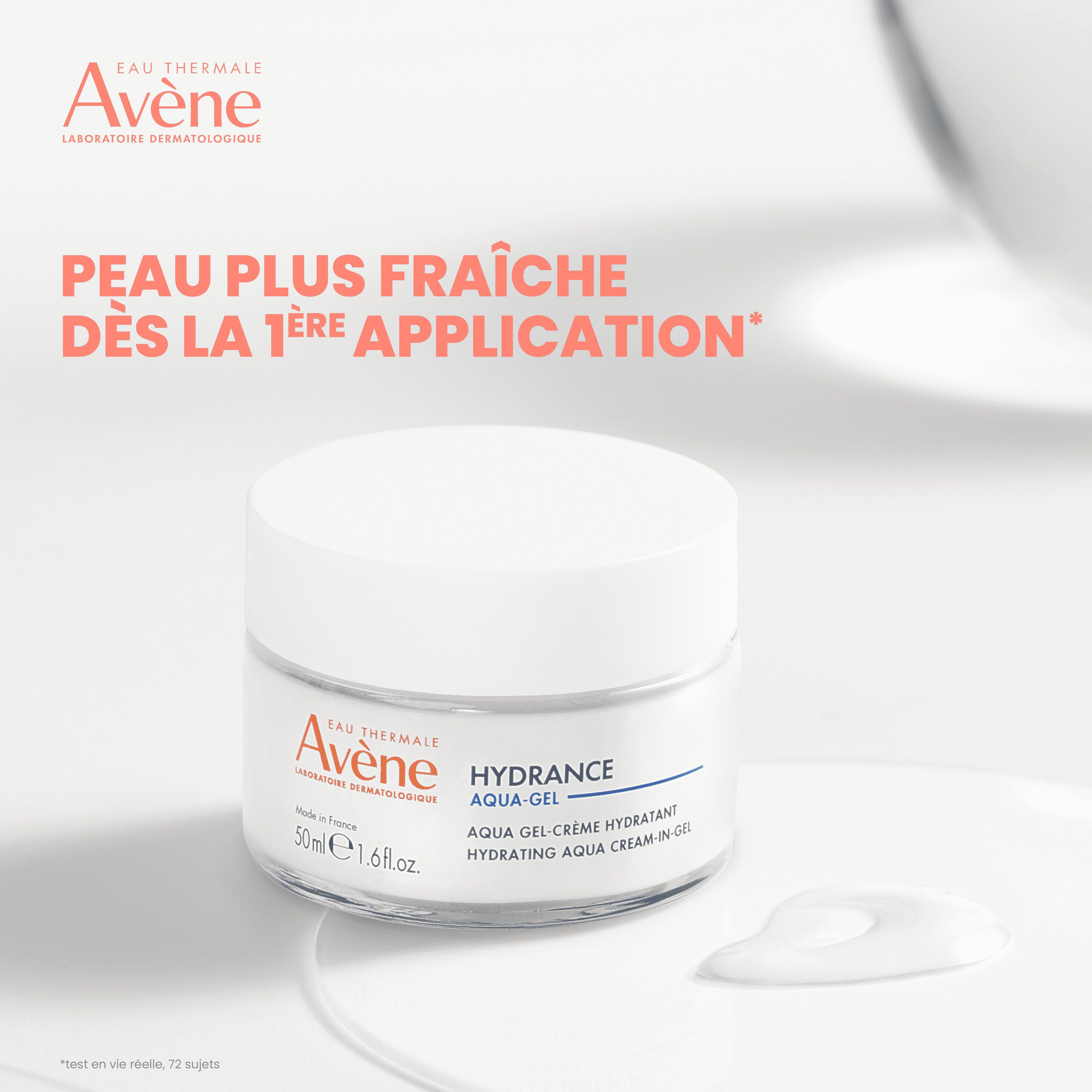 Pot de crème avec couvercle blanc. Inscription: Avène, Hydrance Aqua-Gel. 50ml, 1.6 fl.oz.