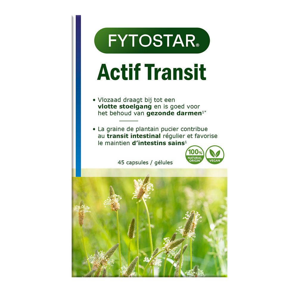 Emballage FYTOSTAR Aktiv Transit. Texte: Vloza draagt bij tot een vlotte stoelgang. 45 capsules/gélules. Ingrédients naturels.