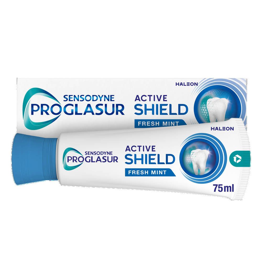 Tube et emballage de dentifrice Sensodyne Proglasur Active Shield Fresh Mint. Tube blanc, bouchon bleu.