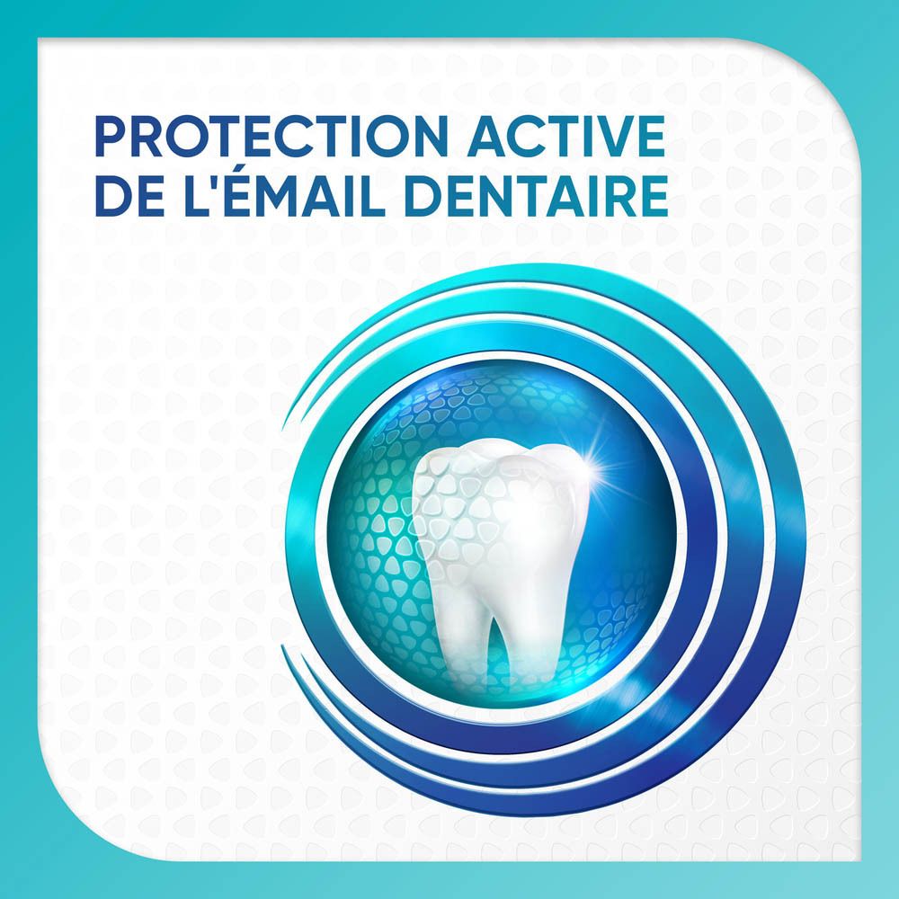 Protection active de l'émail dentaire. Illustration de dent dans un cercle bleu.