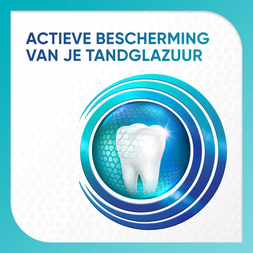 Actieve bescherming van je tandglazuur. Tand illustratie in blauwe cirkel.