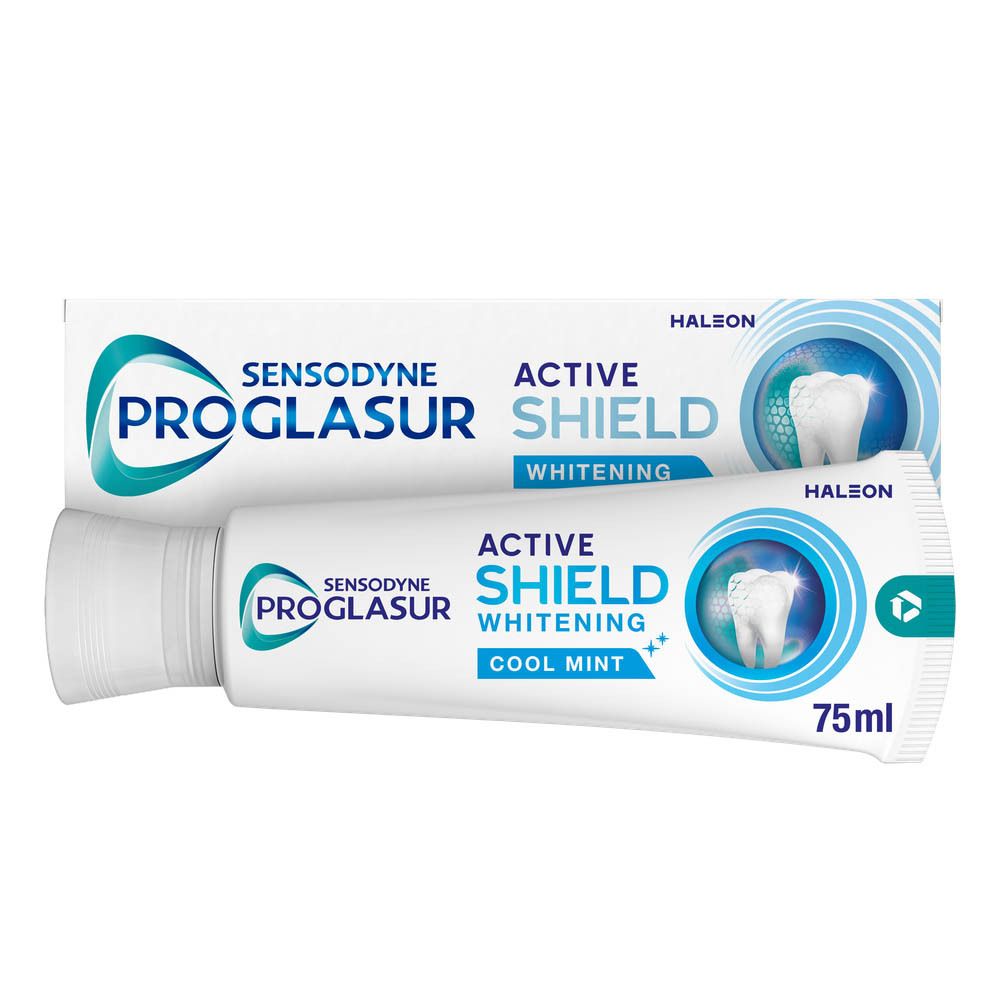 Tandpastatube en doos. Productnaam, tandillustratie. Tekst: Active Shield Whitening Cool Mint. 75ml.