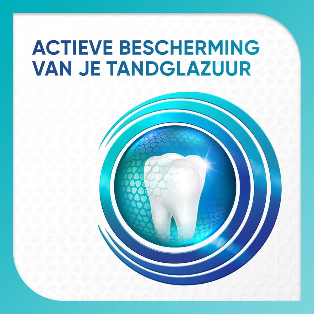 Cirkelvormige illustratie van een tand. Tekst: Actieve bescherming van je tandglazuur.
