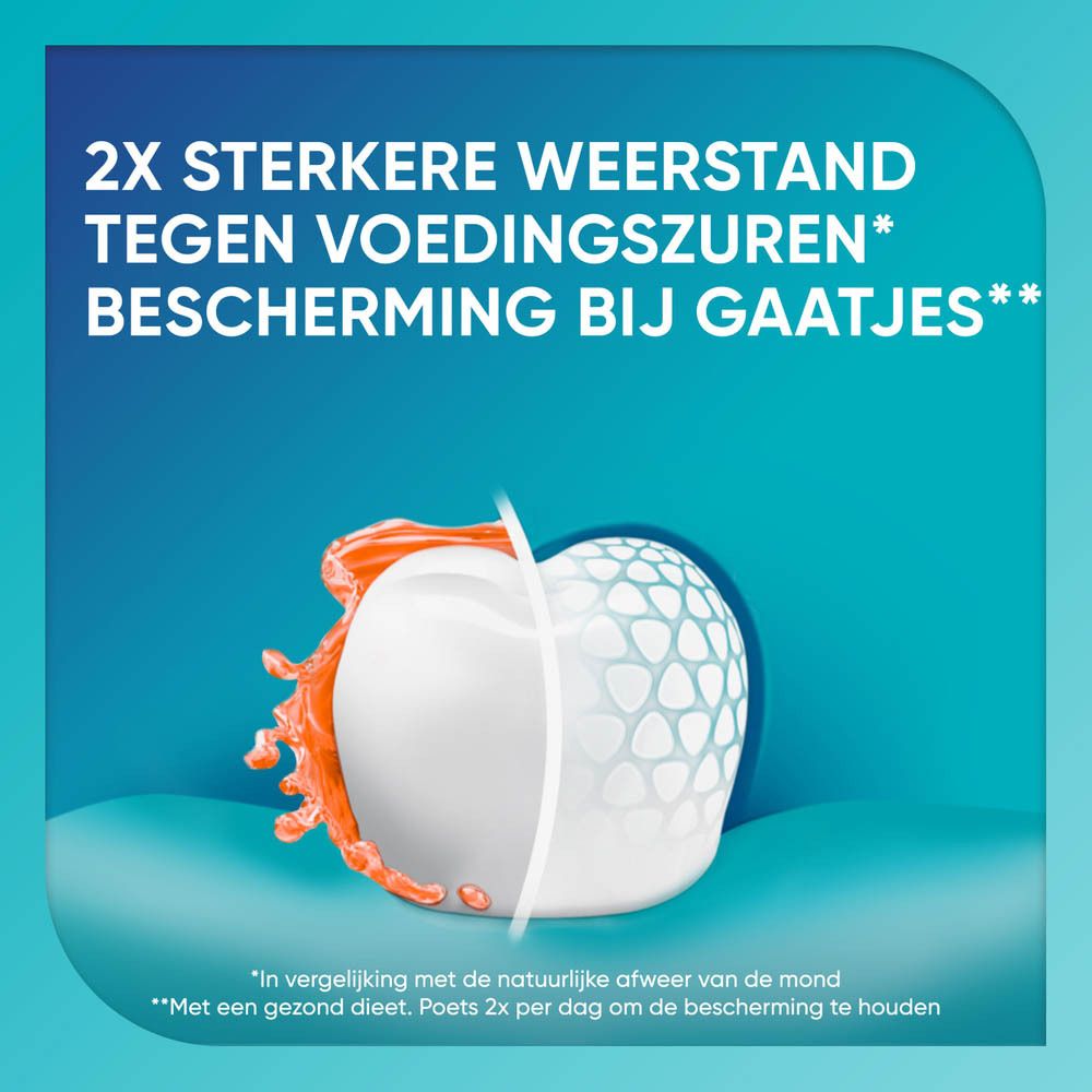 Illustratie van een tand met vloeistof. Tekst: 2x sterkere weerstand tegen voedingszuren. Bescherming bij gaatjes.