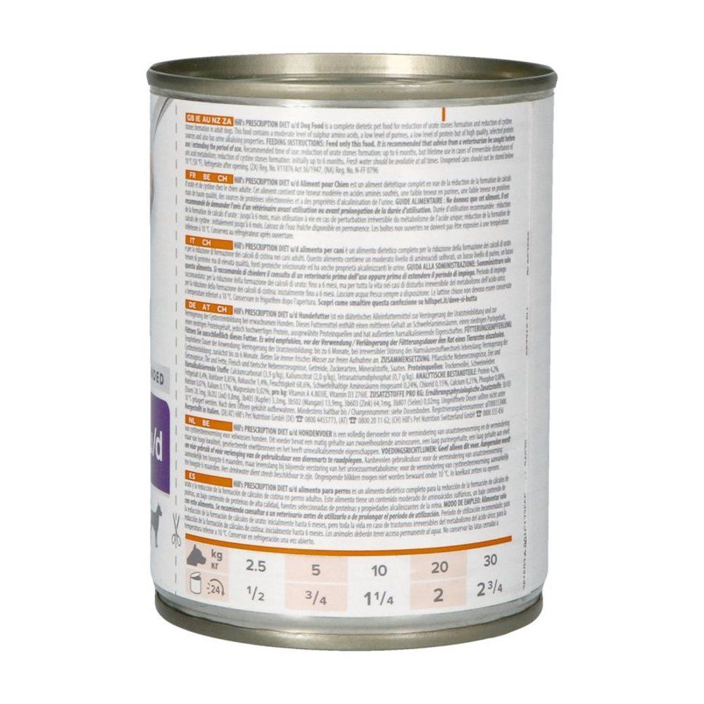 Dos de la boîte Hill's Prescription Diet Urinary Care u/d Original. Texte multilingue. Tableau de dosage.