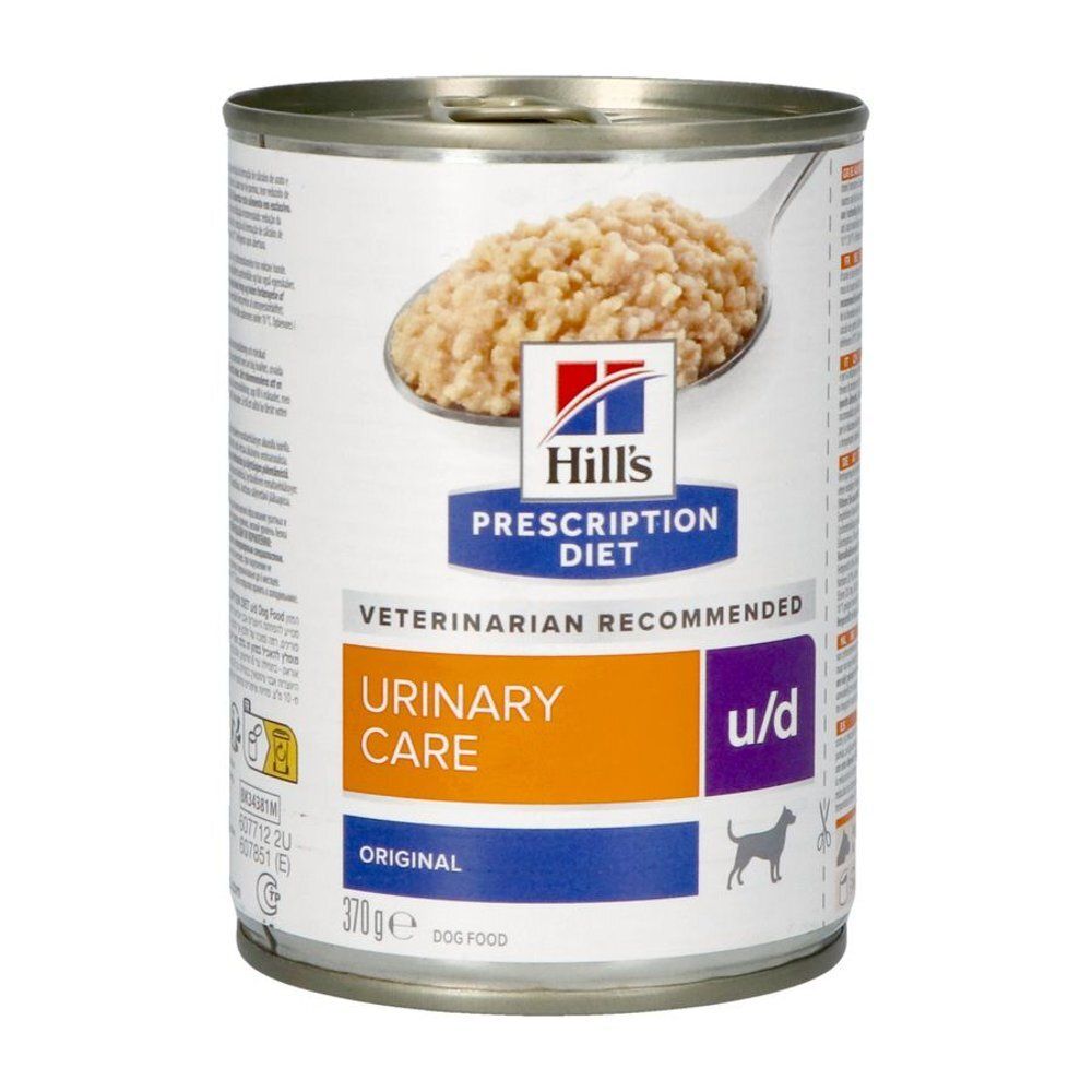 Achterkant van het blik Hill's Prescription Diet Urinary Care u/d Original. Meertalige tekst. Doseertabel.