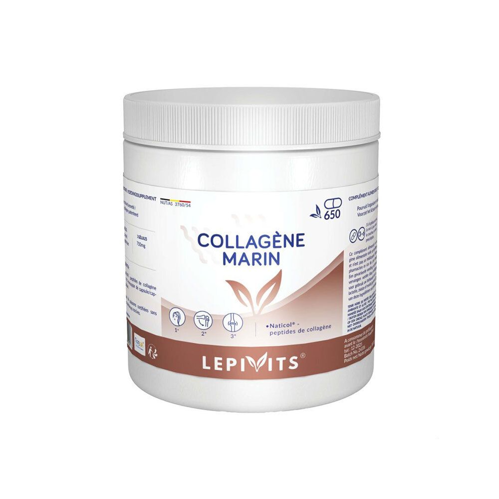 Witte pot met deksel. Opschrift: COLLAGÈNE MARIN, LEPIVITS. Logo en certificering.