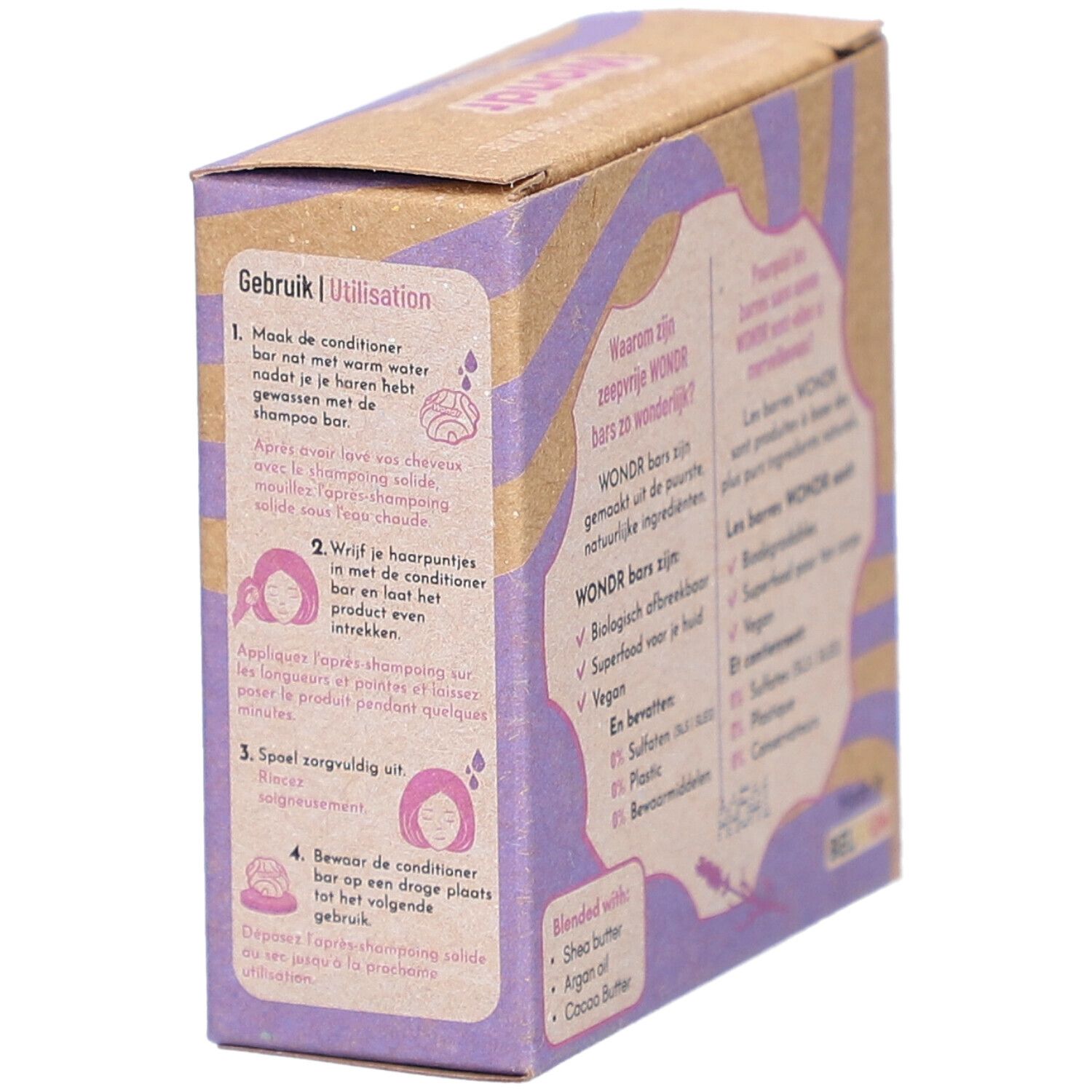 Emballage en carton, côté avec instructions d'utilisation. Illustrations et texte en néerlandais et français.