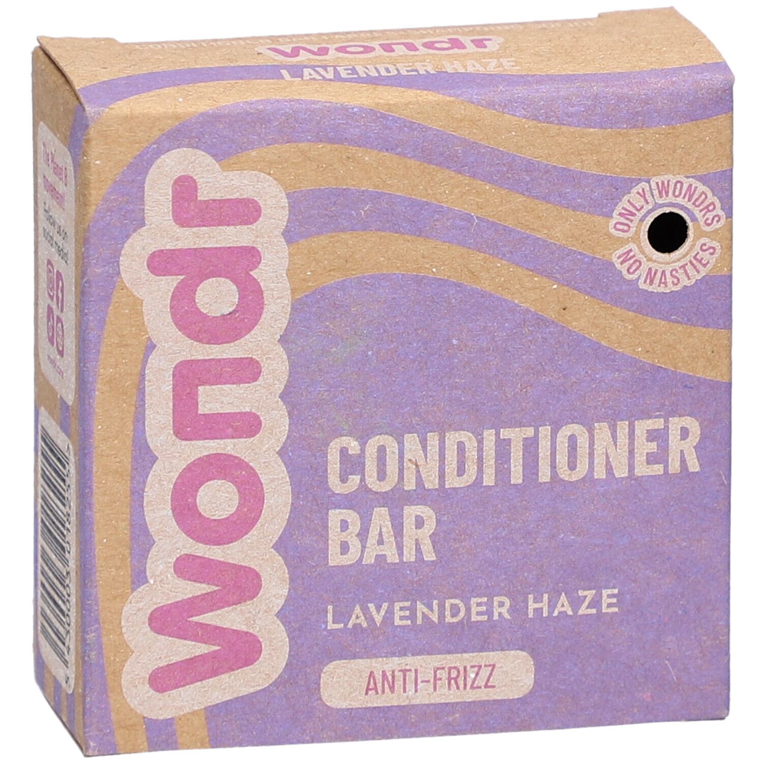 Emballage en carton. Inscriptions: Wondr, Conditioner Bar, Lavender Haze, Anti-Frizz. Fond ondulé.
