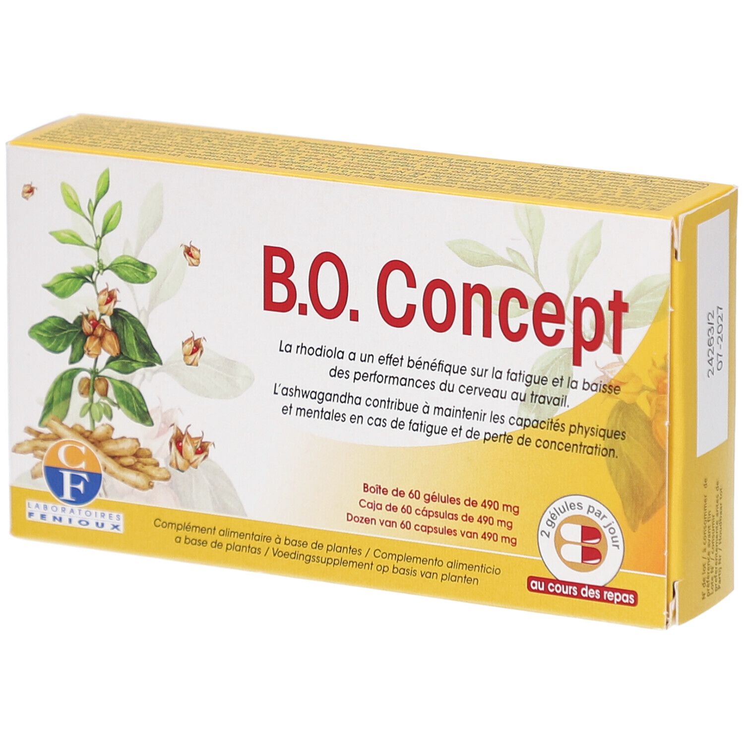 Boîte jaune B.O. Concept. Contient 60 gélules. Illustration de plantes et logo de la marque.