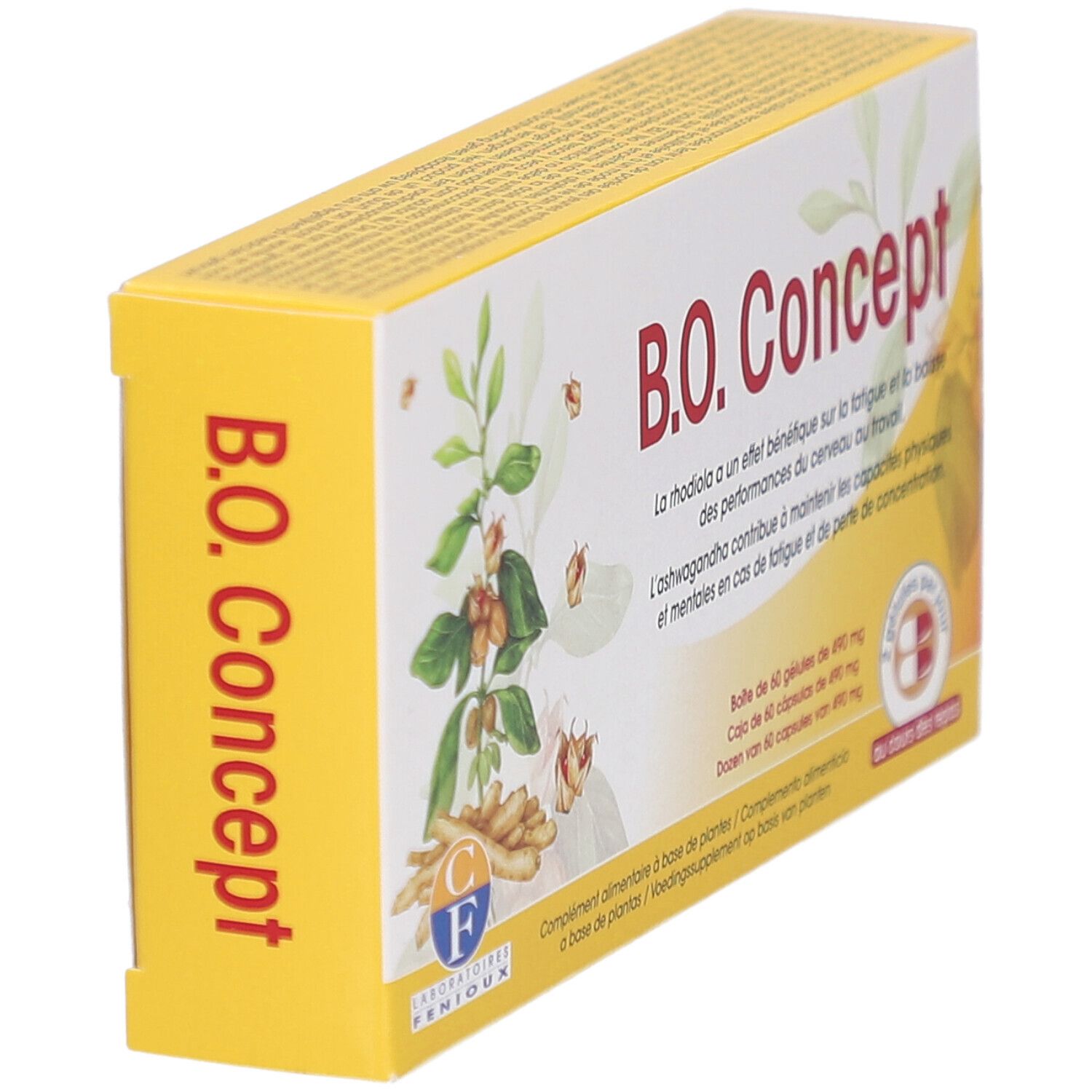 Boîte jaune B.O. Concept, vue latérale. Nom du produit visible. Logo et illustration de plantes.