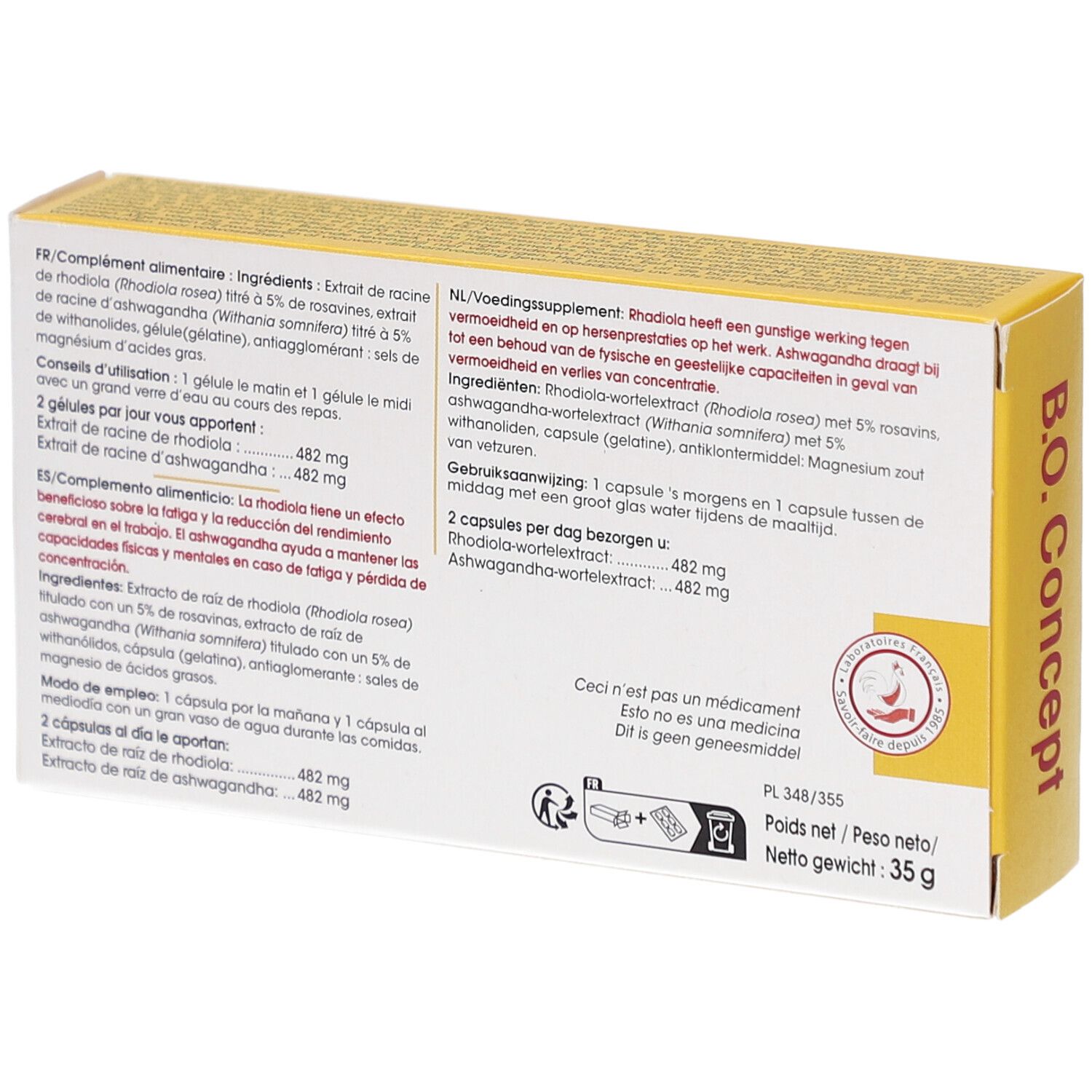 Dos de la boîte jaune. Texte avec ingrédients et instructions. Logo de la marque.