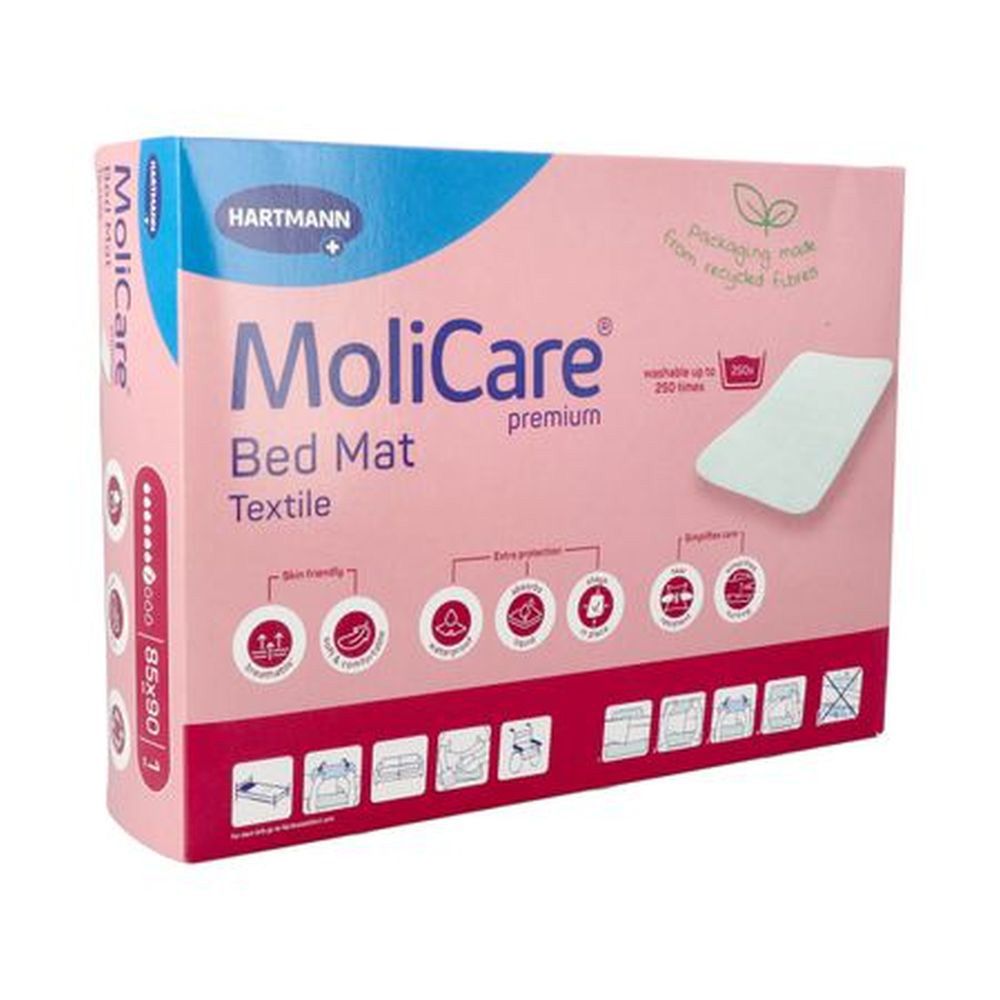 Hartmann MoliCare Premium Bed Mat Textile. Verpakking met productinfo. Afmeting 85x90cm. Met vleugels. 1 stuk.