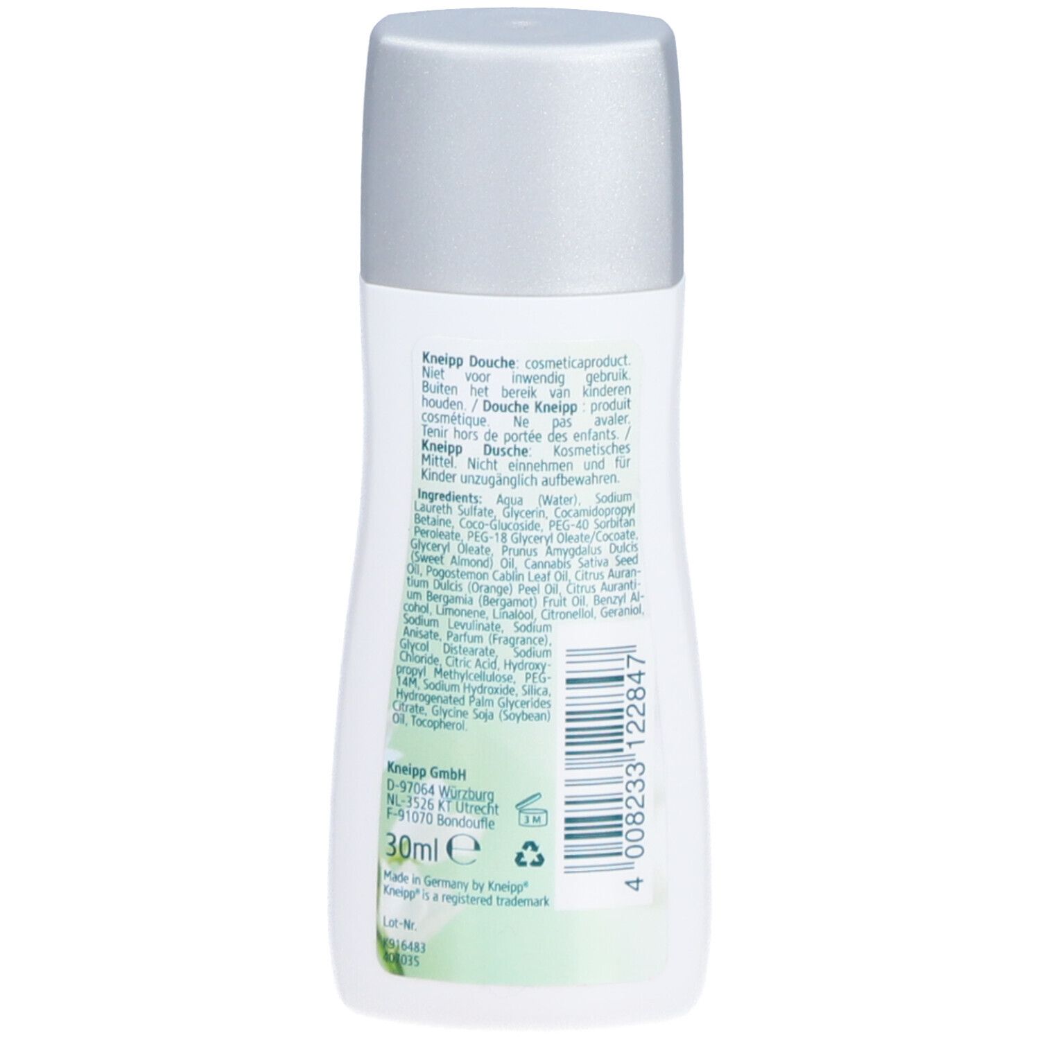 Produit de soin corporel en flacon blanc avec bouchon argenté. Inscriptions et ingrédients en plusieurs langues. 30ml.