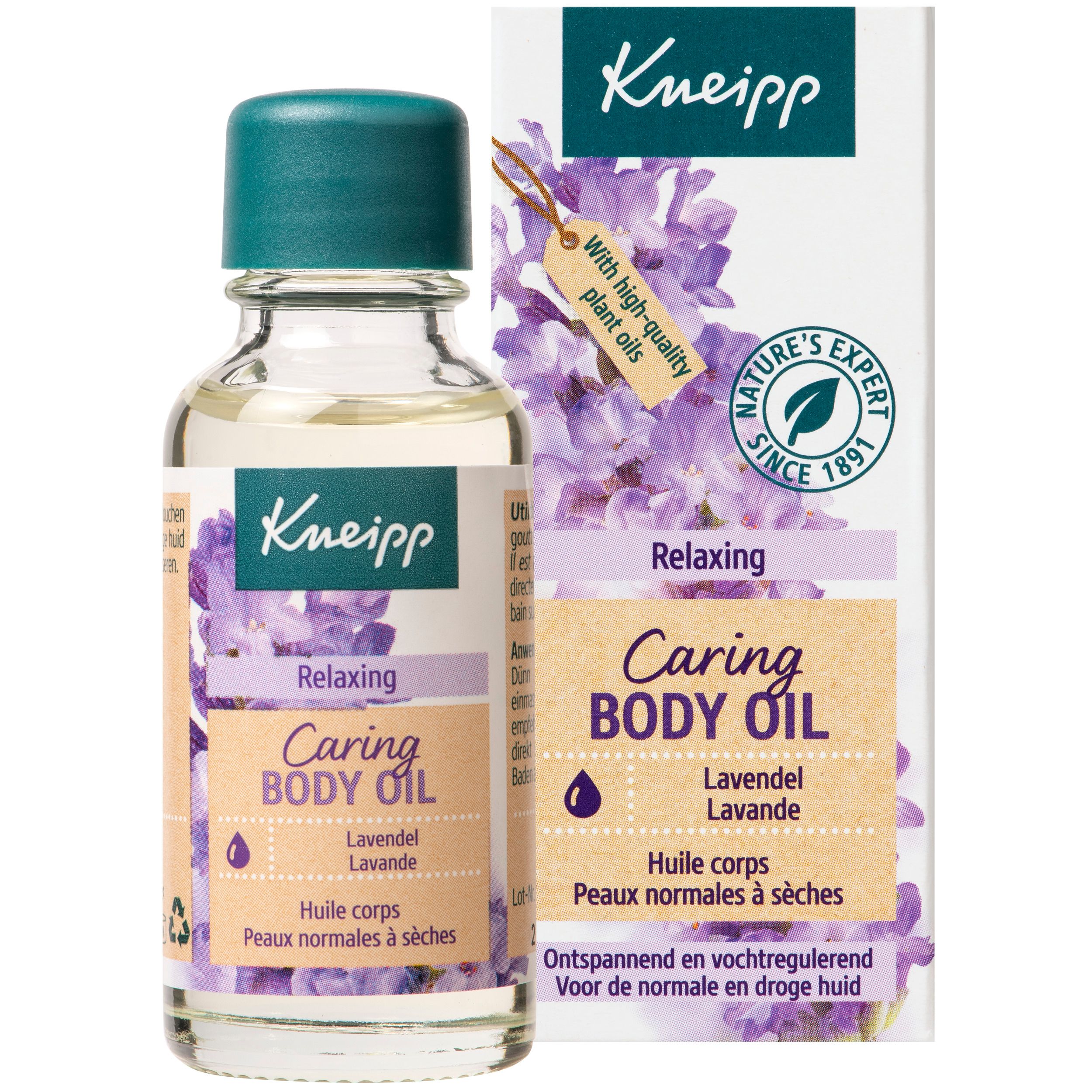 Kneipp product met verpakking. Fles en doos met logo, productnaam en lavendel illustratie.