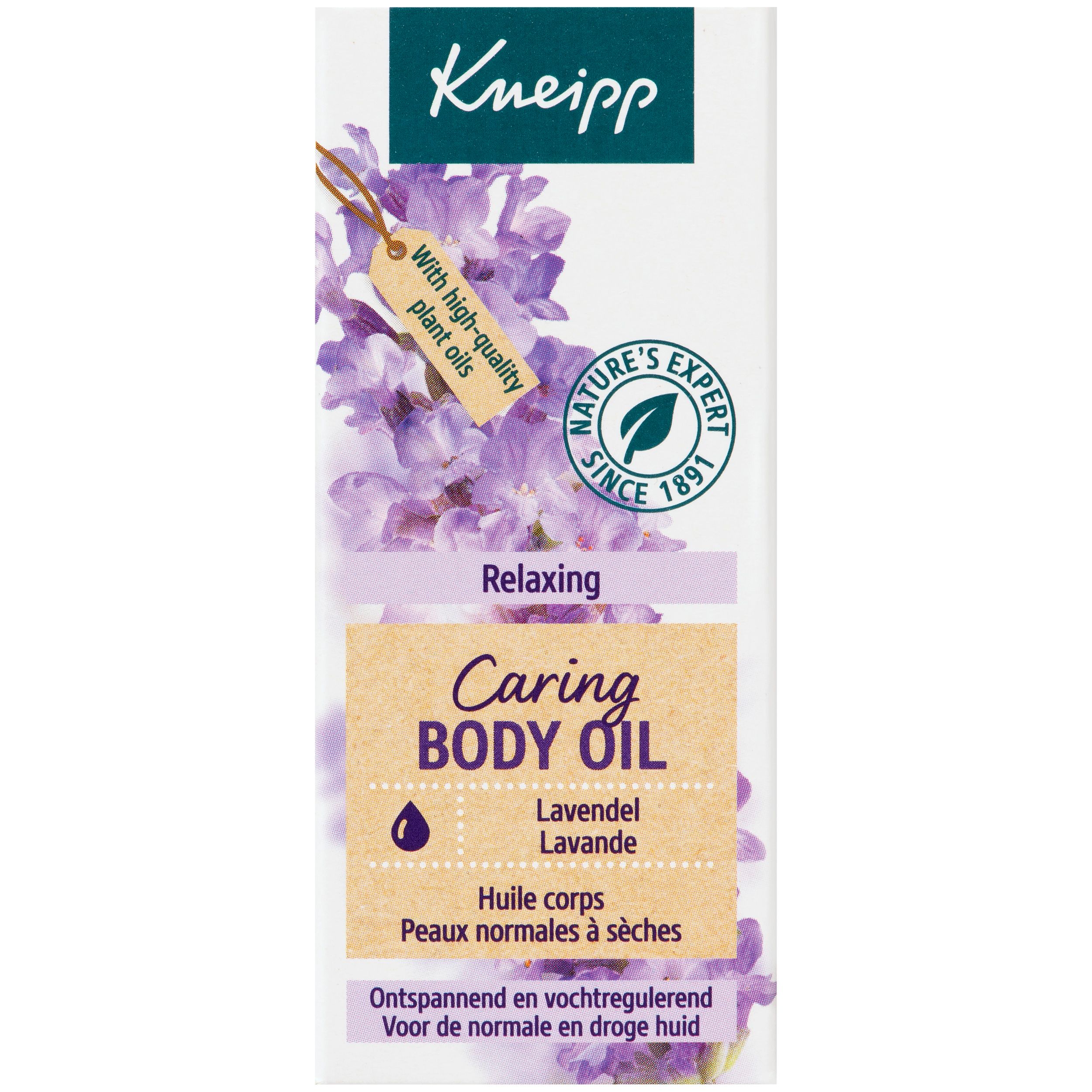 Kartonnen verpakking met Kneipp-logo, productnaam en lavendel illustratie. Met label.