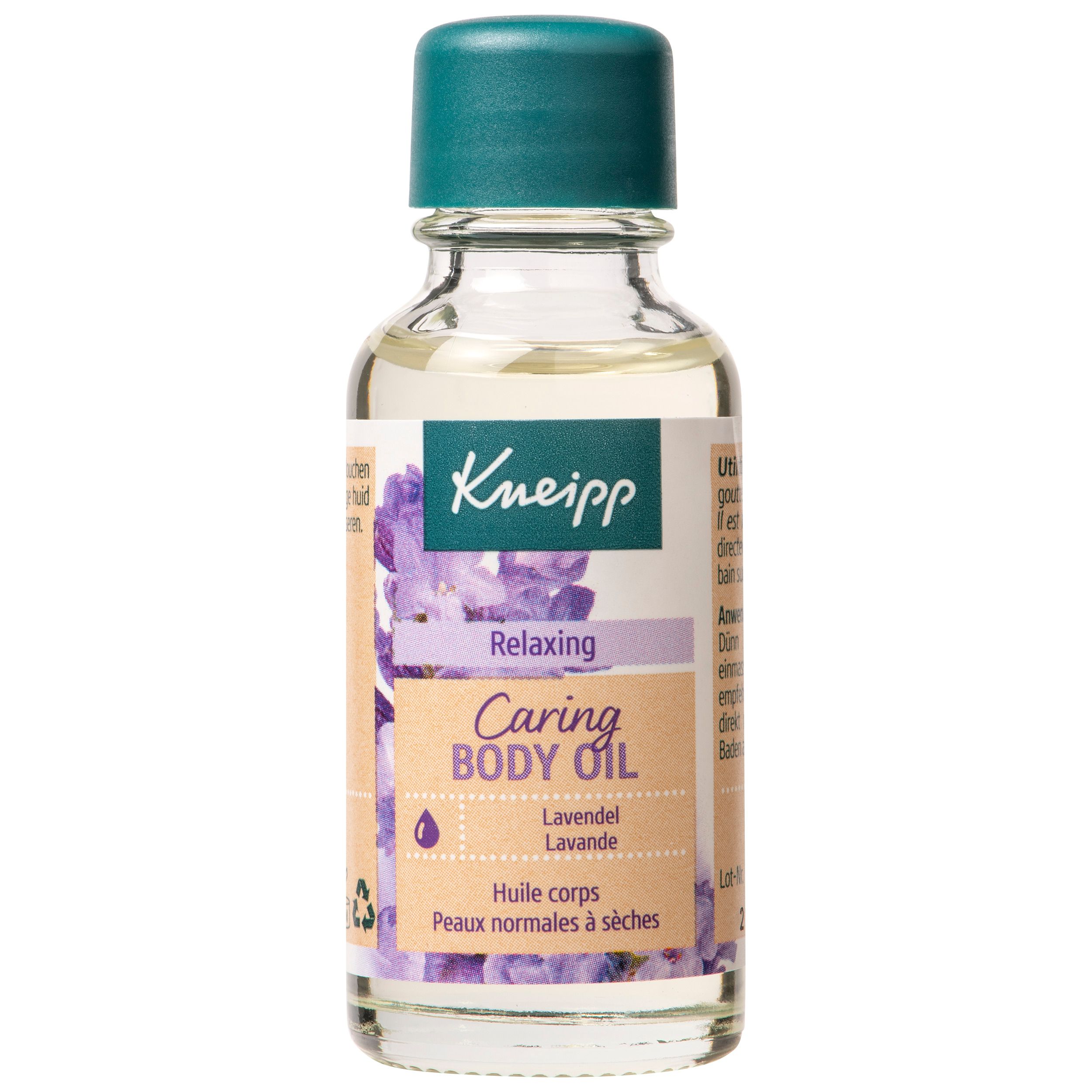 Produit Kneipp avec emballage. Bouteille et carton avec logo, nom du produit et lavande.
