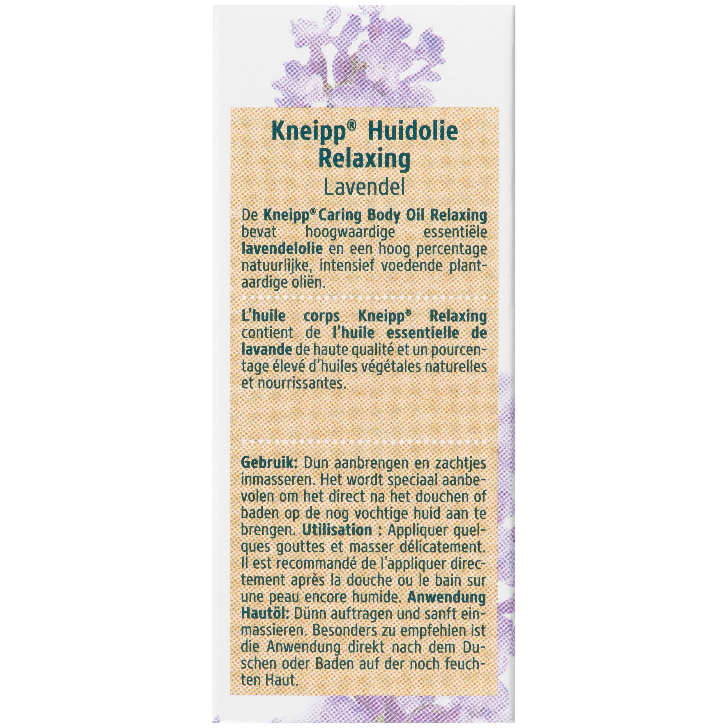 Dos de la bouteille. Étiquette avec informations produit, adresse Kneipp et mode d'emploi.