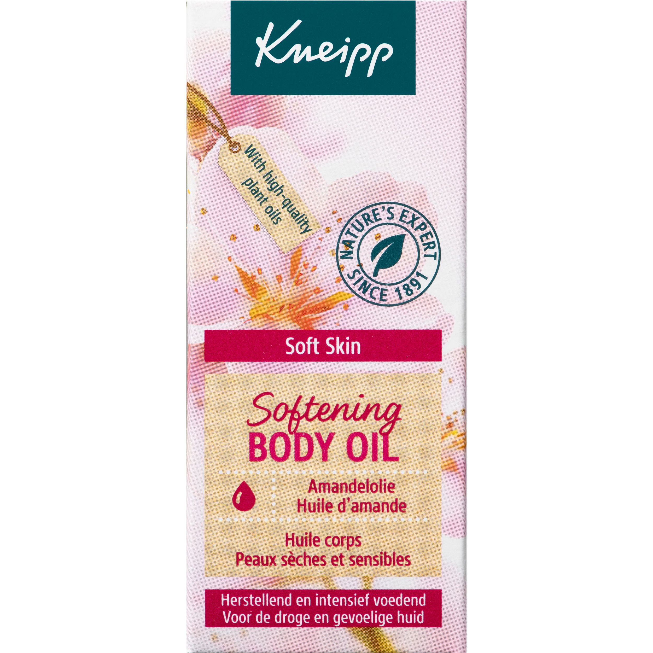 Productverpakking. Doos met productinformatie en logo. Roze bloemenpatroon. Tekst: 'With high-quality plant oils'.