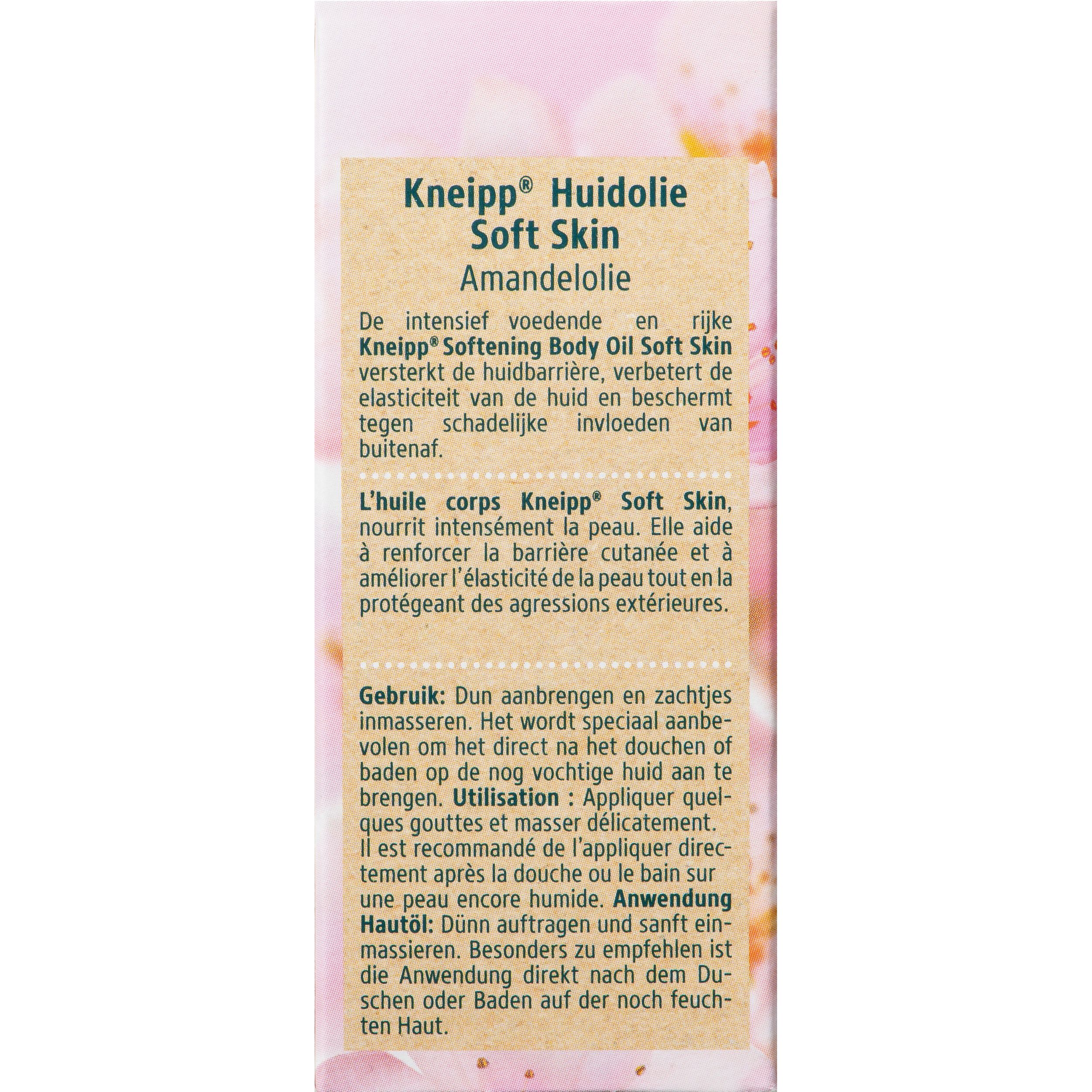 Achterkant van de fles. Etiket met productinformatie en fabrikantenadres. Groene dop. Roze bloemenpatroon.