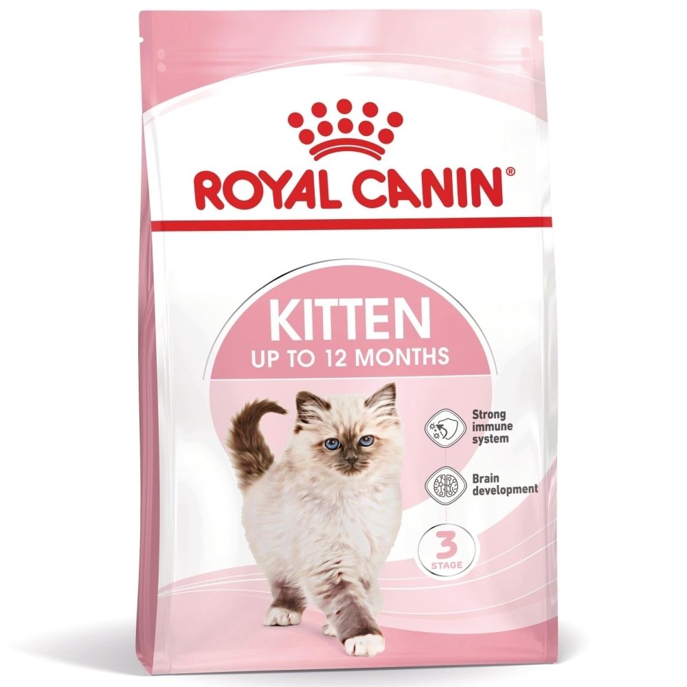 Royal Canin Kitten voerzak, 10kg. Roze en witte verpakking met een kittenafbeelding.