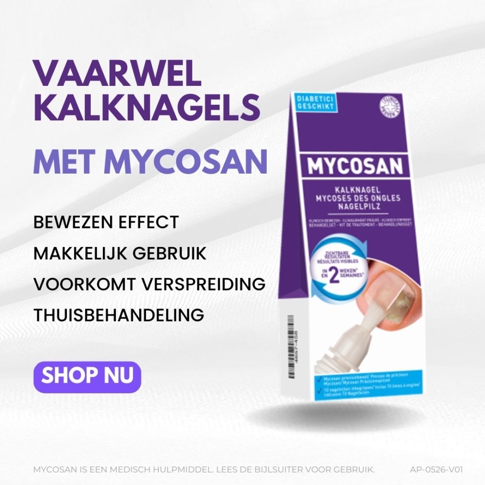 Mycosan verpakking. Kalknagel behandeling. Bewezen effect. Makkelijk gebruik. Geschikt voor diabetici.