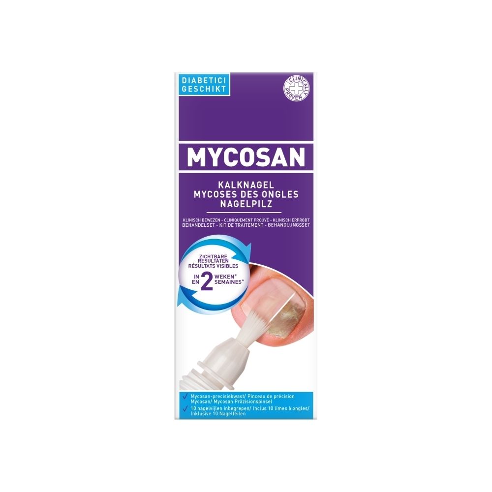 Mycosan verpakking. Kalknagel behandeling. Zichtbare resultaten in 2 weken. Geschikt voor diabetici. Klinisch bewezen.