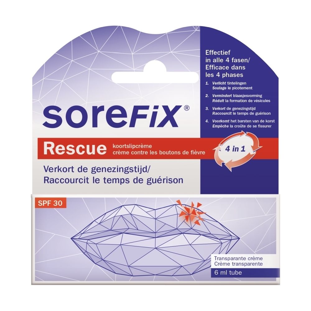 SoreFix Rescue, lippencreme, tube van 6 ml. SPF 30. Verpakking met productafbeelding.