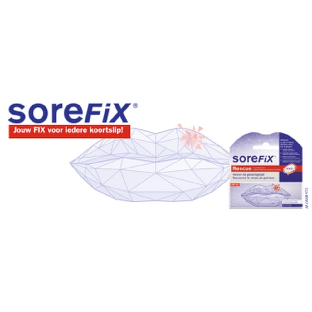 SoreFix logo en productafbeelding. Klein SoreFix Rescue product. Tekst: Jouw FIX voor koortslip.
