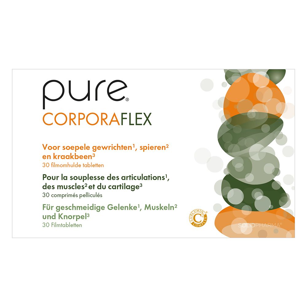 Achterkant van de pure® Corporaflex verpakking. Tekst in het Duits, Frans en Nederlands.