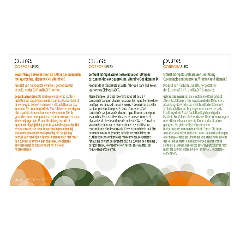 Deux emballages pure® Corporaflex. Texte et illustrations. Flèches pointant vers les caractéristiques.