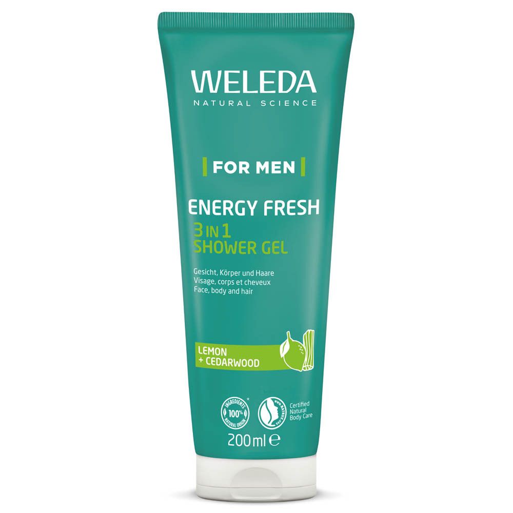 Groene tube Weleda FOR MEN Energy Fresh 3 in 1 Douchegel. Bevat citroen en cederhout. Met bio-keurmerk.
