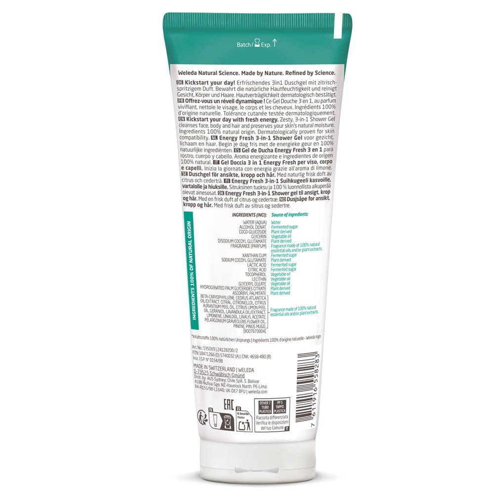 Groene tube Weleda FOR MEN Energy Fresh 3 in 1 Douchegel in water. Bio-keurmerk.