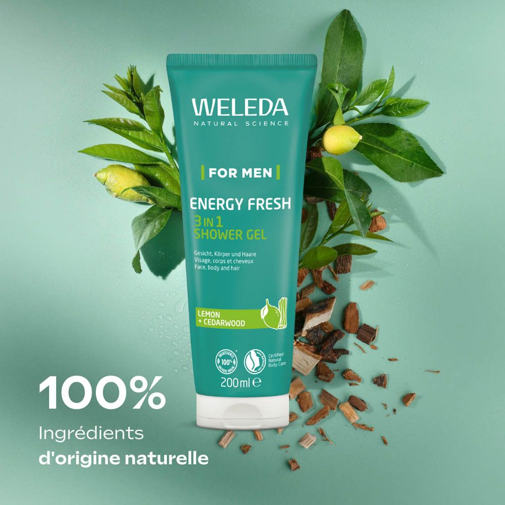 Tube vert Weleda FOR MEN Energy Fresh 3 en 1 Gel douche avec ingrédients. 100% Ingrédients d'origine naturelle.