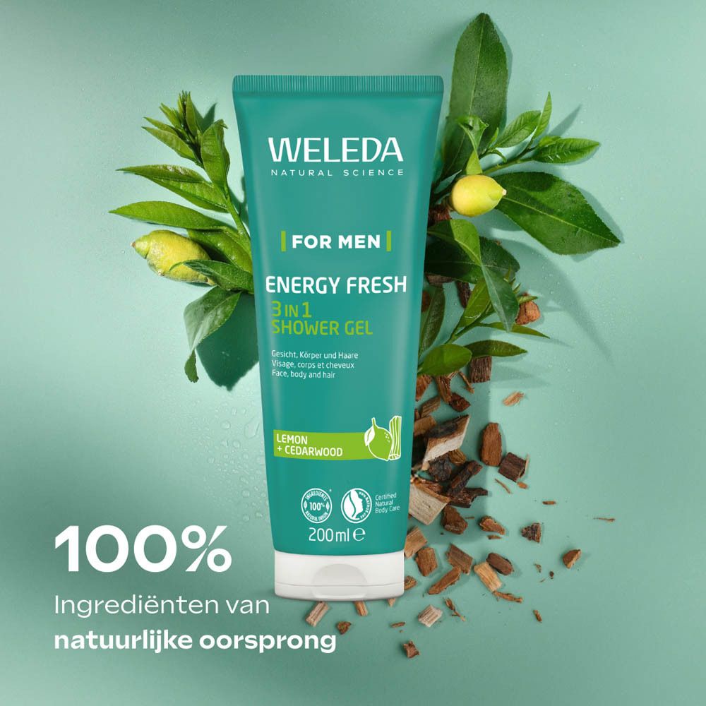 Groene tube Weleda FOR MEN Energy Fresh 3 in 1 Douchegel met ingrediënten. 100% Ingrediënten van natuurlijke oorsprong.