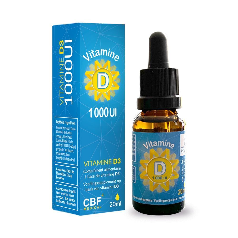 Productverpakking en fles. Op de verpakking staat "Vitamine D 1000 UI".