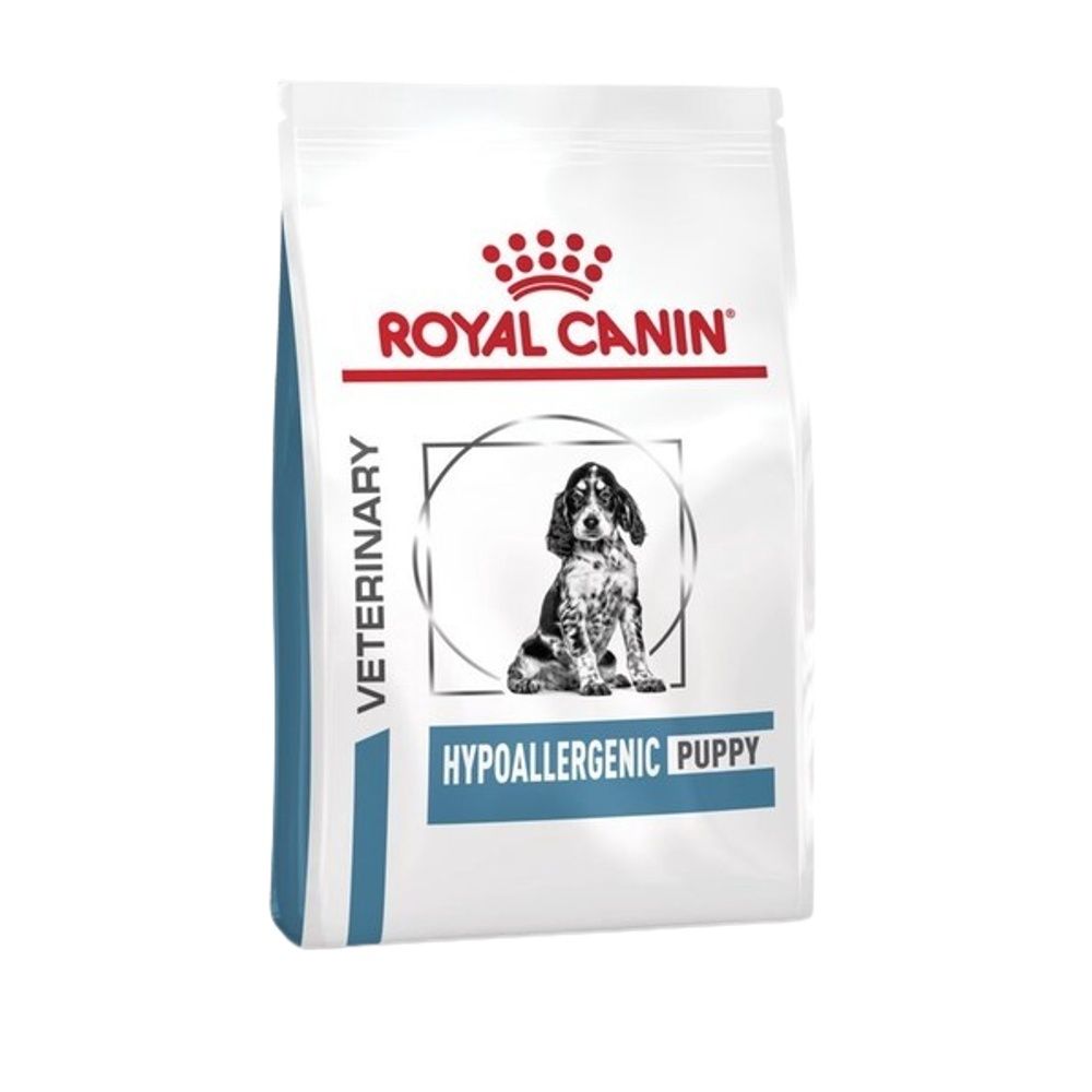 Avant d'un sac de nourriture pour chiots Royal Canin VET-D Hypo, avec illustration de chiot et nom du produit.