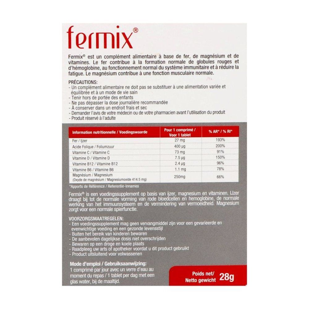 Dos de la boîte blanche et rouge avec texte et informations nutritionnelles. Marque Fermix.