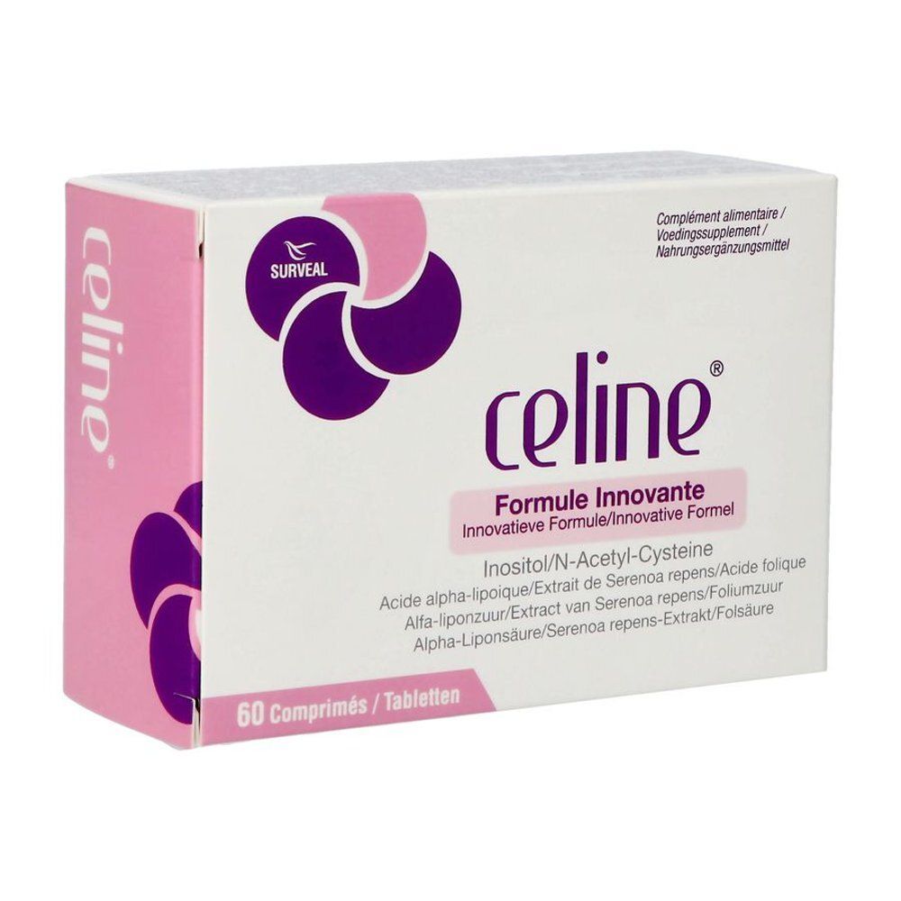 Boîte Celine® rose et blanche, accents violets. Inscription: Celine®, Formule Innovante, 60 comprimés.
