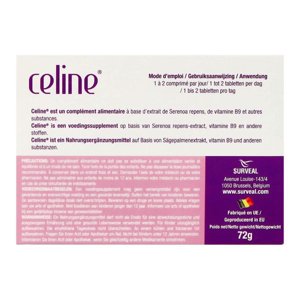 Achterkant van de Celine® doos. Tekst in het Duits, Frans, Italiaans en Nederlands. Logo: Surveal.