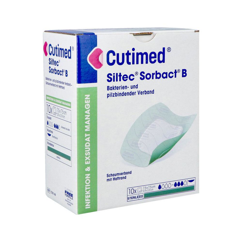 Boîte de Cutimed Siltec Sorbact B. Contient 10 pansements stériles. Inscription : Pansement antibactérien et antifongique.