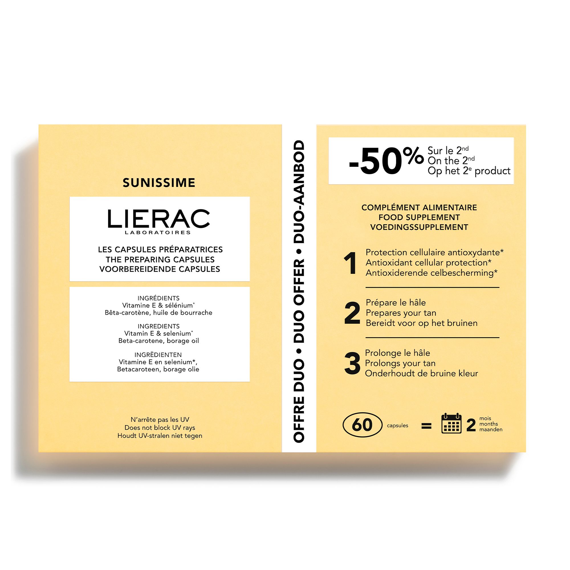 Gele duo-verpakking met capsules. Opschrift Sunissime, Lierac. Bevat 60 capsules. Aanbieding: -50% op het 2e product.