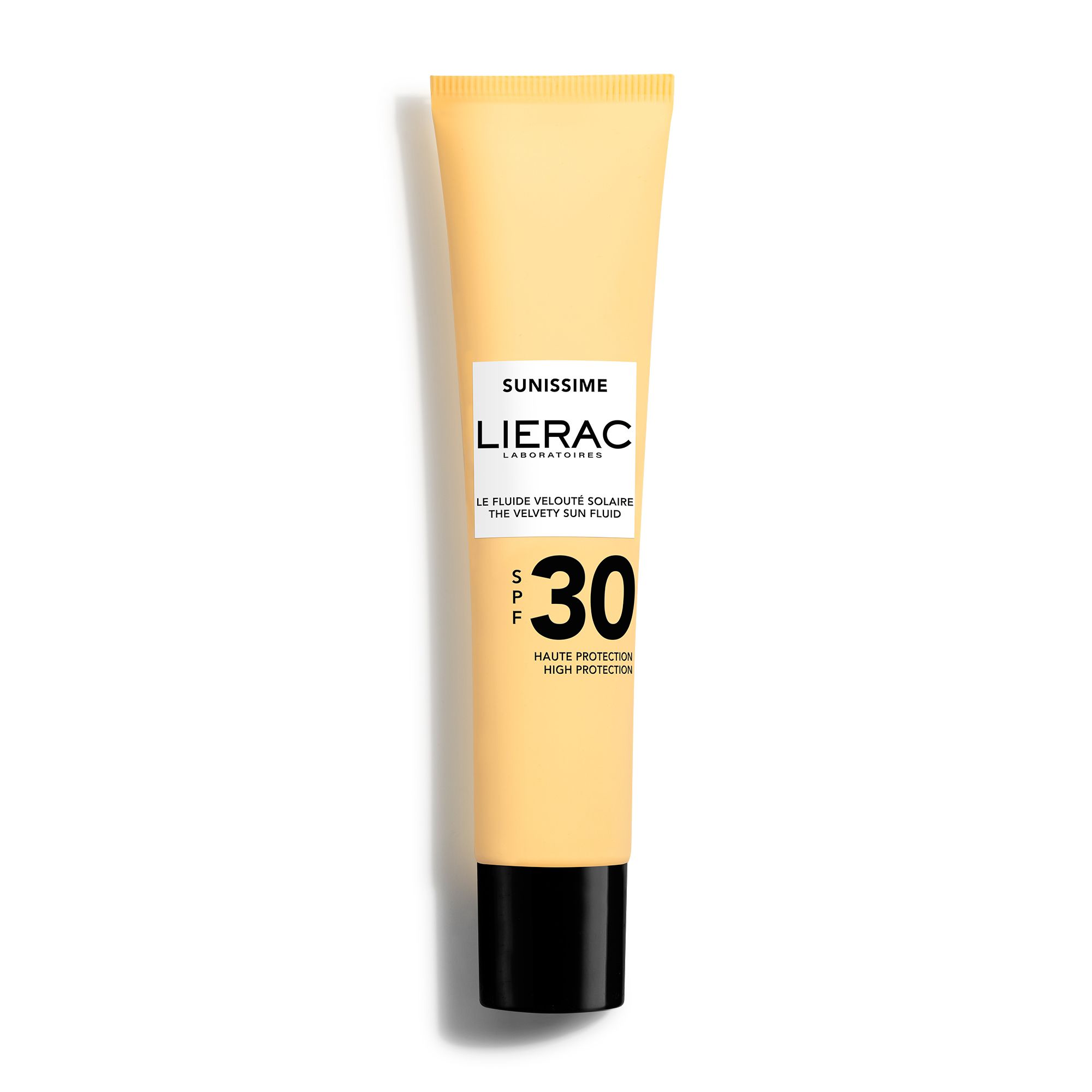 Beige tube met zwarte dop. Opschrift: Sunissime, Lierac, SPF 30. Franse productaanduiding.