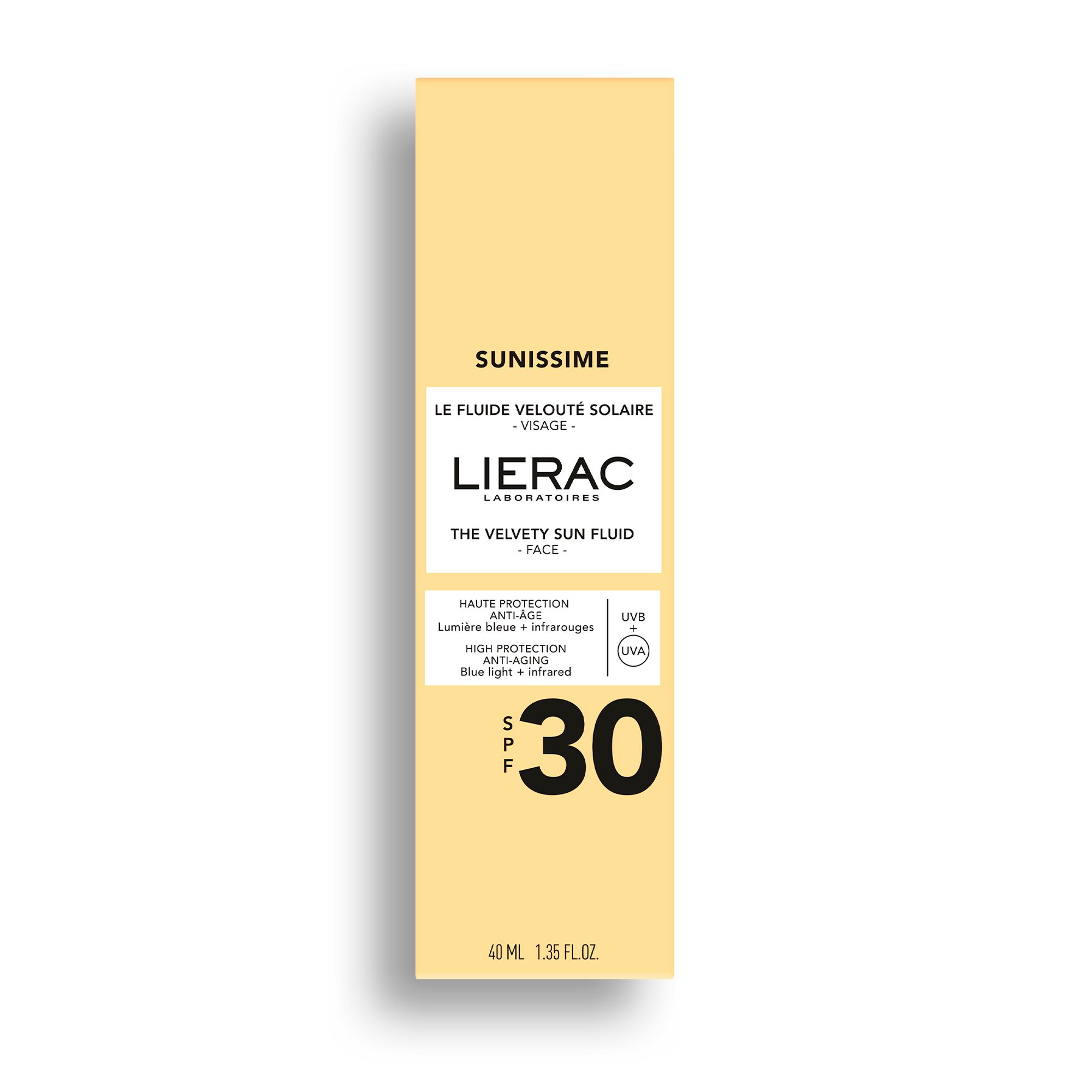 Gele productverpakking. Opschrift: Sunissime, Lierac, SPF 30. Franse productaanduiding.