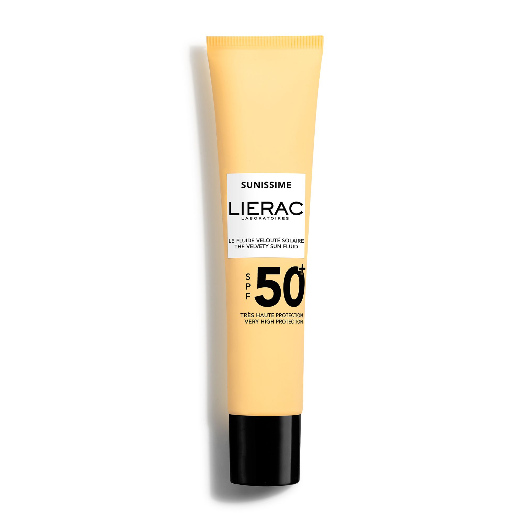 Tube beige avec bouchon noir. Inscription: Lierac Sunissime, SPF 50. Désignation du produit en français.