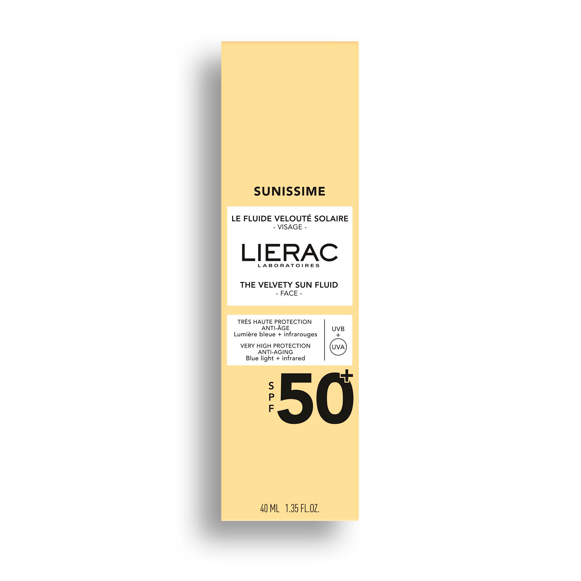 Beige verpakking. Opschrift: Sunissime, Lierac, SPF 50. Franse productaanduiding.