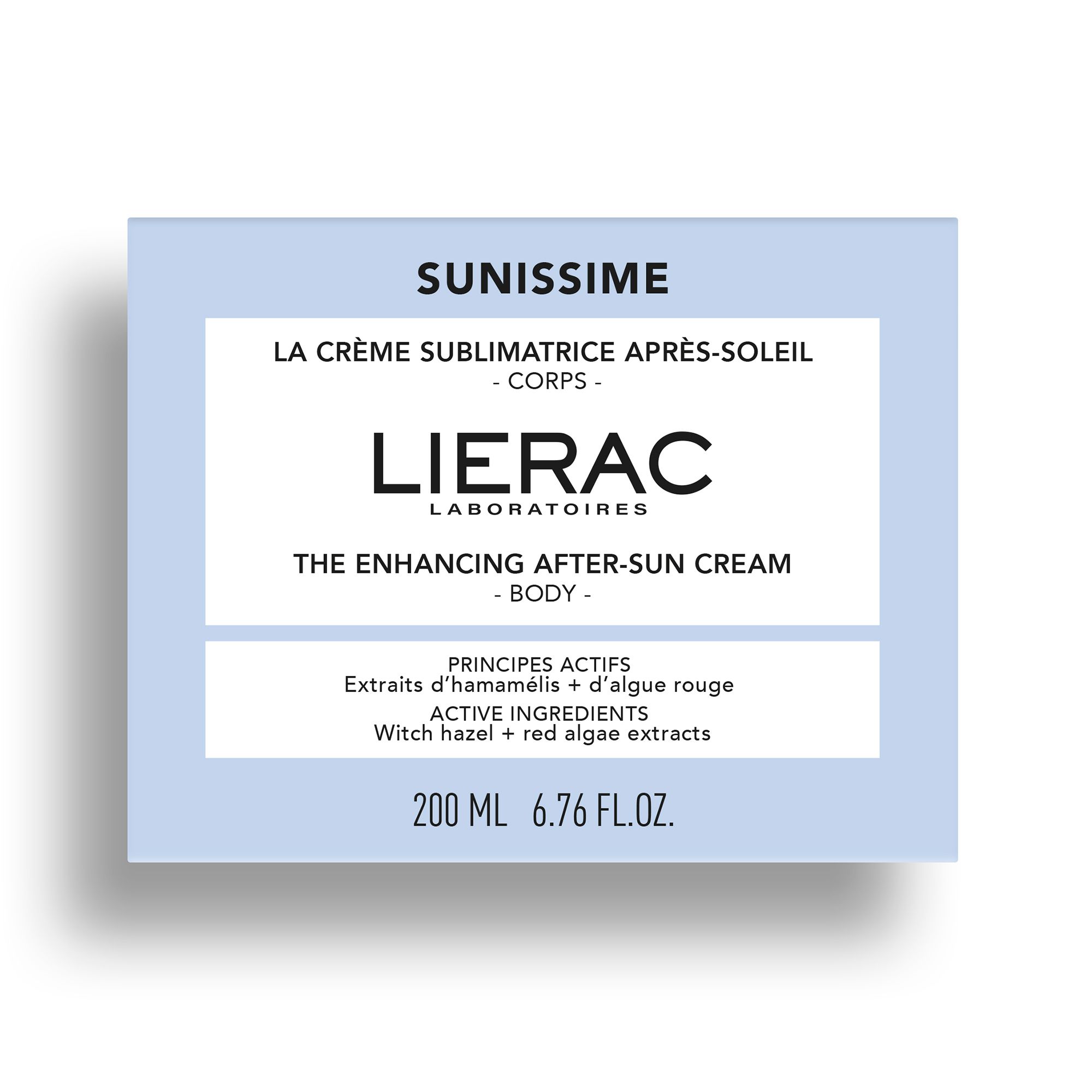 Lichtblauwe doos. Opschrift: Sunissime, Lierac. Tekst: 200 ml, ingrediënten.