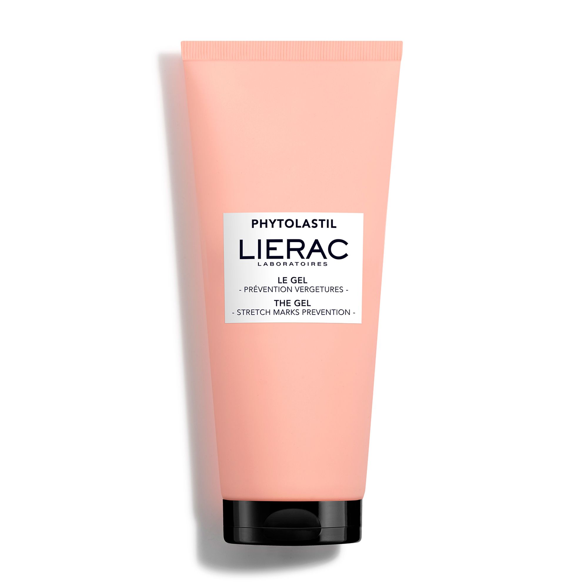 Tube rose avec bouchon noir. Inscriptions : LIERAC, LE GEL, PREVENTION VERGETURES, THE GEL, STRETCH MARKS PREVENTION.