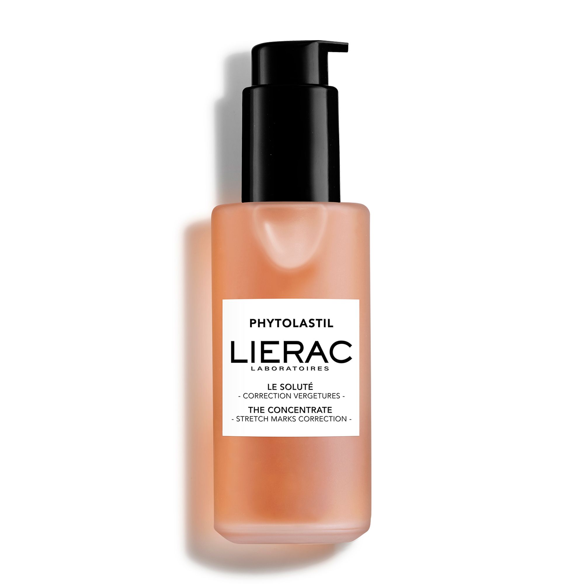 Roze verpakking met flesafbeelding. Opschrift: Lierac, Phytolastil, Le Soluté. 100 ml.